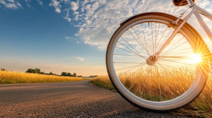 Fototapeta premium Leisure bicycle ride under a bright sky scenic road nature photography tranquil environment close-up view of wheel