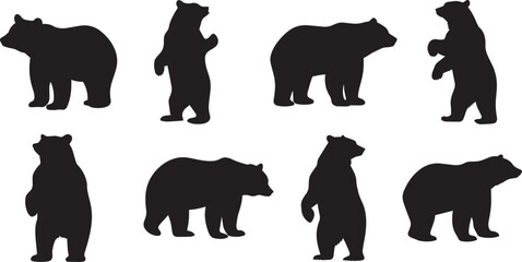 Black bear silhouettes, wildlife illustrations, standing and walking poses, side view and front view, nature motif, monochromatic design, simple shapes, graphic art style, animal outlines