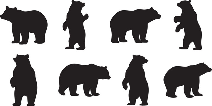 Black bear silhouettes, wildlife illustrations, standing and walking poses, side view and front view, nature motif, monochromatic design, simple shapes, graphic art style, animal outlines