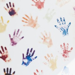 Fototapeta premium Colorful handprint stamps of children scattered across a neutral background, perfect for playful and creative themes