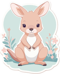 Obraz premium Cute pastel cartoon kangaroo sitting among flowers with an adorable expression and soft colors