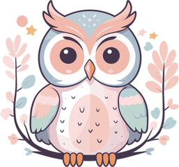Obraz premium Cute pastel cartoon owl sitting on a branch with a cheerful expression and surrounded by whimsical leaves and stars