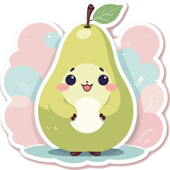 Cute pastel cartoon pear character holding a smile, surrounded by soft clouds and joyful colors
