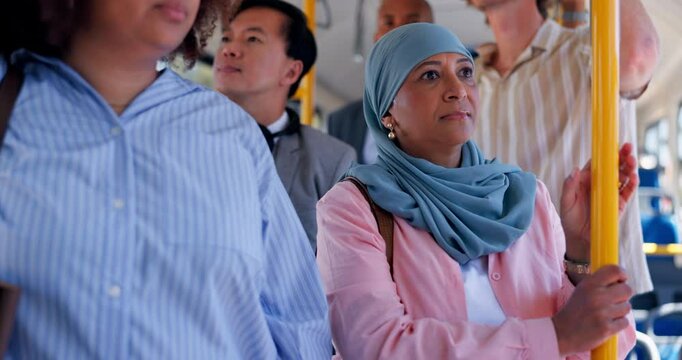 Travel, watch and business with Muslim woman on bus for public transportation, metro transit and journey. Passenger, time and urban shuttle with people for destination, vehicle and traffic delay