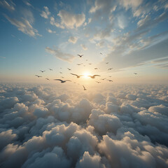 Birds flying in the sky between the clouds and the sun's rays