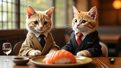 Two cute anthropomorphic cats at the table of the Japanese restaurant with a plate of sushi,chopsticks,bowl of wasabi and glass of white wine.