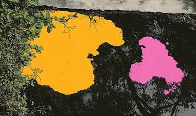 Vibrant yellow and pink paint splashes on a black surface surrounded by green foliage