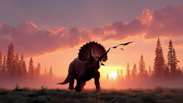 Dinosaur at sunset: Majestic dinosaur stands against a picturesque sunset, with silhouettes of soaring birds, creating a prehistoric paradise.