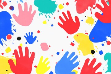  Colorful handprint stamps of children scattered across a neutral background, perfect for playful and creative themes