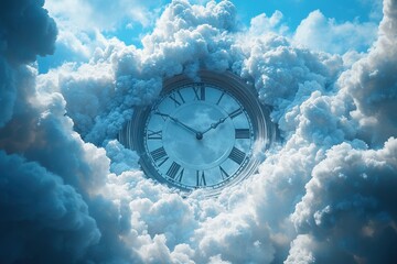 Surreal clock emerging from clouds against a bright blue sky at midday, symbolizing the passage of time and nature's beauty