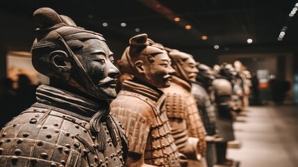 Ancient warrior sculpture with modern visitors, detailed artifact surrounded by captivated crowd in museum setting.