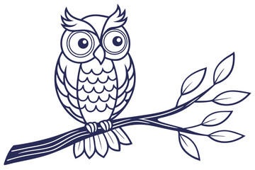 Outlined Owl Sitting On A Branch With Leaves Against A White Background
