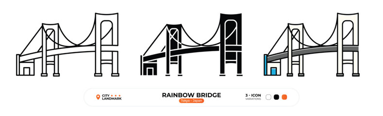 Rainbow Bridge Line Icon. Tokyo, Japan, Landmark, Silhouette, Color Vector, Editable Stroke.
