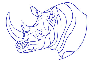 Detailed Blue Outline Drawing Of A Majestic Rhino Isolated On White
