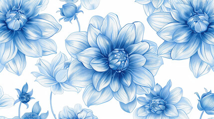 beautiful pattern featuring large blue flowers with intricate details against white background, evoking sense of tranquility and elegance