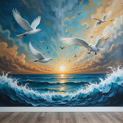 AI-generated painting of birds flying over the sea