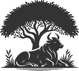Forest with bull animal vector silhouette