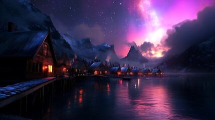 Magical Arctic Village Night with Aurora Borealis.