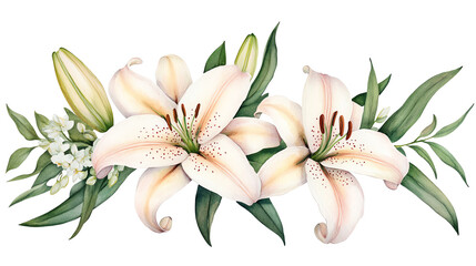 Fototapeta premium Elegant watercolor illustration of white lilies in full bloom, surrounded by lush green leaves and delicate buds, perfect for wedding invitations, floral designs, or natural-themed decor.