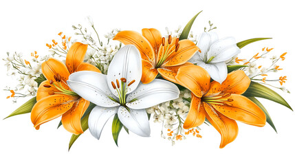 Fototapeta premium Vibrant floral bouquet featuring orange and white lilies, showcasing nature's elegance in a harmonious blend of colors and delicate petals