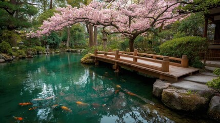 Obraz premium Tranquil garden scene, serene water reflecting cherry blossom trees, peaceful atmosphere perfect for relaxation or meditation.