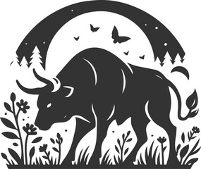 Forest with bull animal vector silhouette