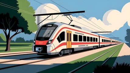 Modern High-Speed Train Illustration - Scenic Railway Travel Concept