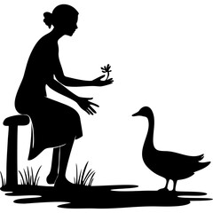 Woman feeding goose silhouette in nature setting
