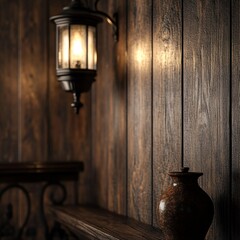 Rustic, dimly lit interior with wooden wall and lantern