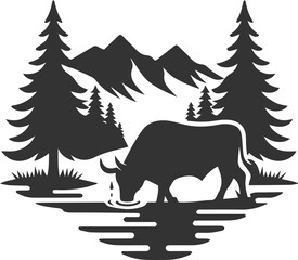Forest with bull animal vector silhouette