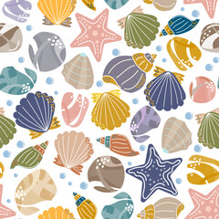 Seamless pattern with sea shells, starfish, and pebbles. Colorful marine elements on white background. Great for kids design, fabric, packaging, and summer decor