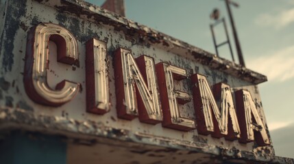 An aged cinema sign stands resilient under a wide blue sky, its vintage charm whispering tales of filmic fantasies and shared cultural moments.