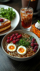 Delicious Ramen With Raspberries And Eggs Served With Dessert