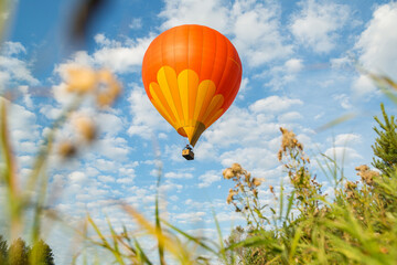 A hot air balloon in the blue sky with clouds on a summer day, viewed from the grass