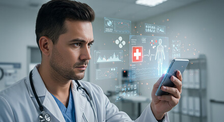 A doctor in a white coat looking at a smartphone with medical data overlays in a modern hospital setting