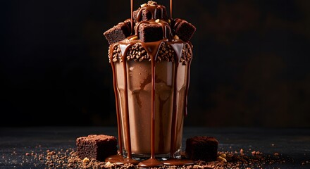 Chocolate drink overflowing from a clear glass with brownie pieces