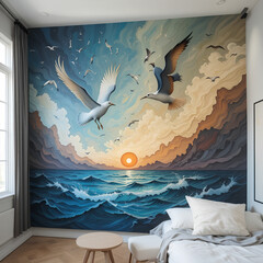 AI-generated painting of birds flying over the sea
