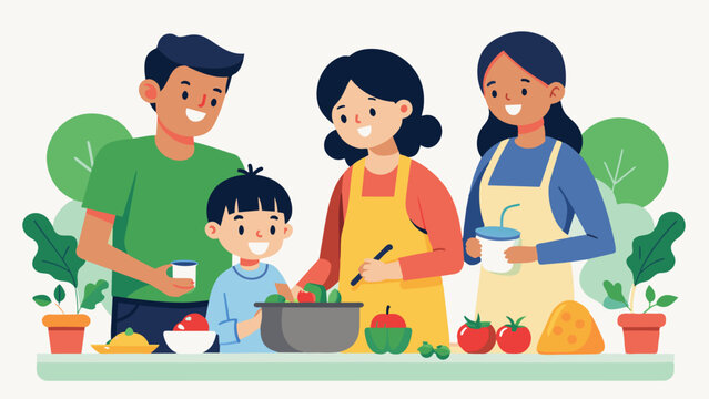 Family members teaming up to prepare healthy and nutritious meals for a family member trying to lose weight.. Vector illustration