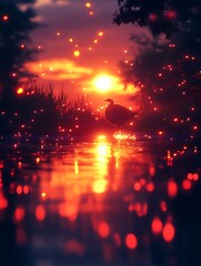 Naklejka premium Duck Silhouette at Sunset on Pond with Magical Fireflies and Reflections