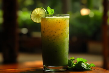 Refreshing healthy mint lime beverage served in a tall glass garnished with a lime slice and mint leaves during a sunny afternoon