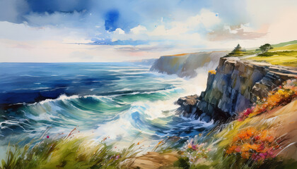 stunning watercolor painting captures beauty of coastal landscape with vibrant waves crashing against rocky cliffs. scene is filled with colorful flowers and serene sky, evoking sense