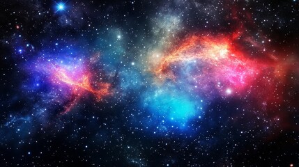 Naklejka premium A cosmic nebula characterized by vibrant colors, swirling gases, and distant stars symbolizes the exploration and wonder of the universe