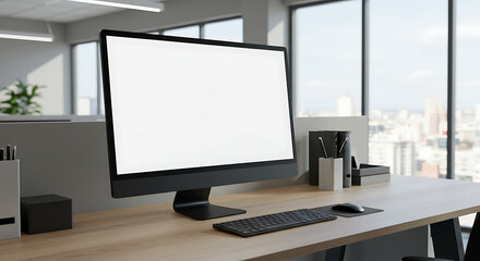 Modern Office: Blank Screen, City View AI Generated