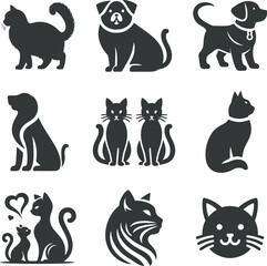 Pet Silhouettes Set , Cats and Dogs Vector, Animal  Icons on white background.