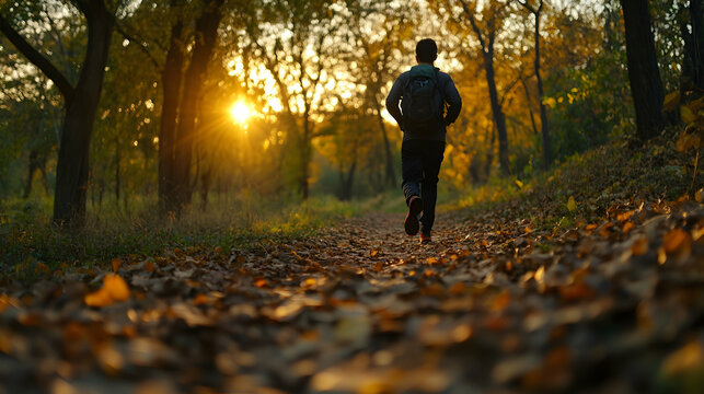Running along a sunlit forest path during autumn showcasing the beauty of nature and the spirit of outdoor fitness