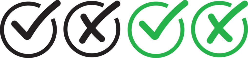 Set check mark and cross. check mark icon button set.  Vector illustartion. . check box icon with right and wrong buttons and yes or no checkmark icons in green tick box and red cross
