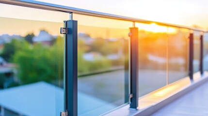 Modern balcony railing overlooking a sunset with vibrant colors and lush greenery in the background