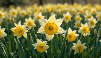 Fototapeta premium yellow daffodils in the garden HD and 4K image