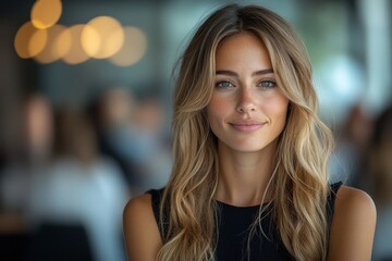 Fototapeta premium Woman with long blonde hair smiles confidently in a modern indoor setting, surrounded by blurred figures, during daylight hours