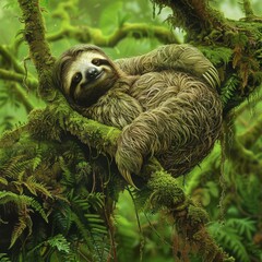 Fototapeta premium Sloth Relaxing in Rainforest Canopy.